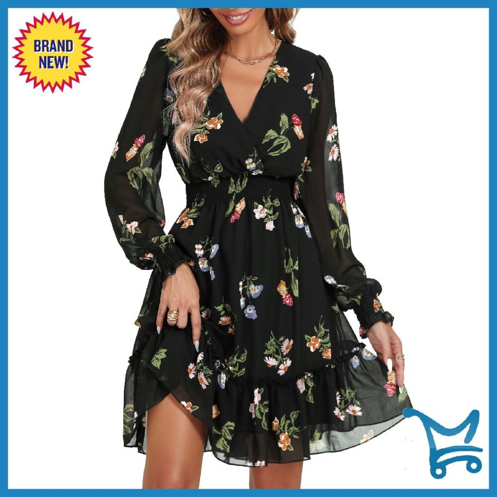 Floral Chiffon Long Sleeve Wrap Mini Dress A-Line Boho